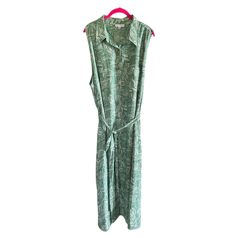 Baltic Born Maxi Dress Womens Sz 2X Sage Palm Trees Collered Sleeveless Vacation